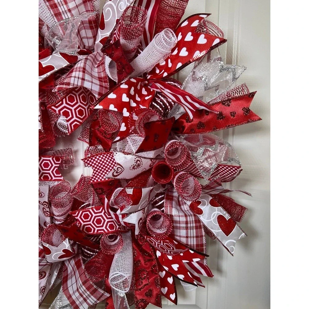 Handmade 22” Valentine’s Day Ribbon Mesh Wreath Hearts in Red & Pink w24